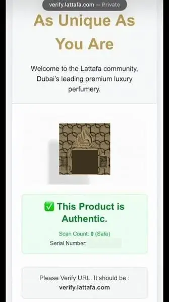 Página de verificación de Lattafa con el resultado «This Product is Authentic», el contador de escaneos a cero y el dominio verify.lattafa.com