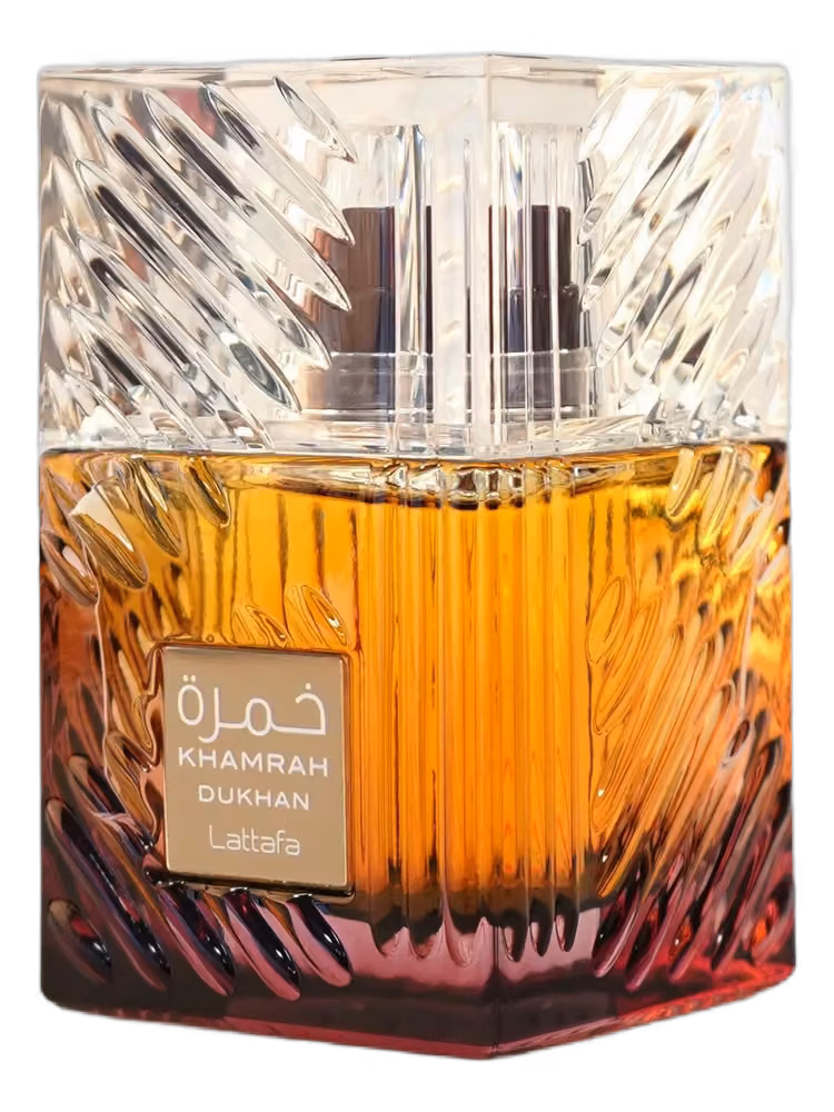 Lattafa Khamrah Dukhan Eau de Parfum, frasco y caja