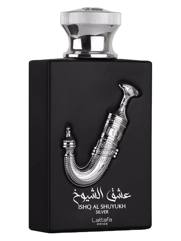 Lattafa Pride Ishq Al Shuyukh Silver Eau de Parfum, frasco y caja