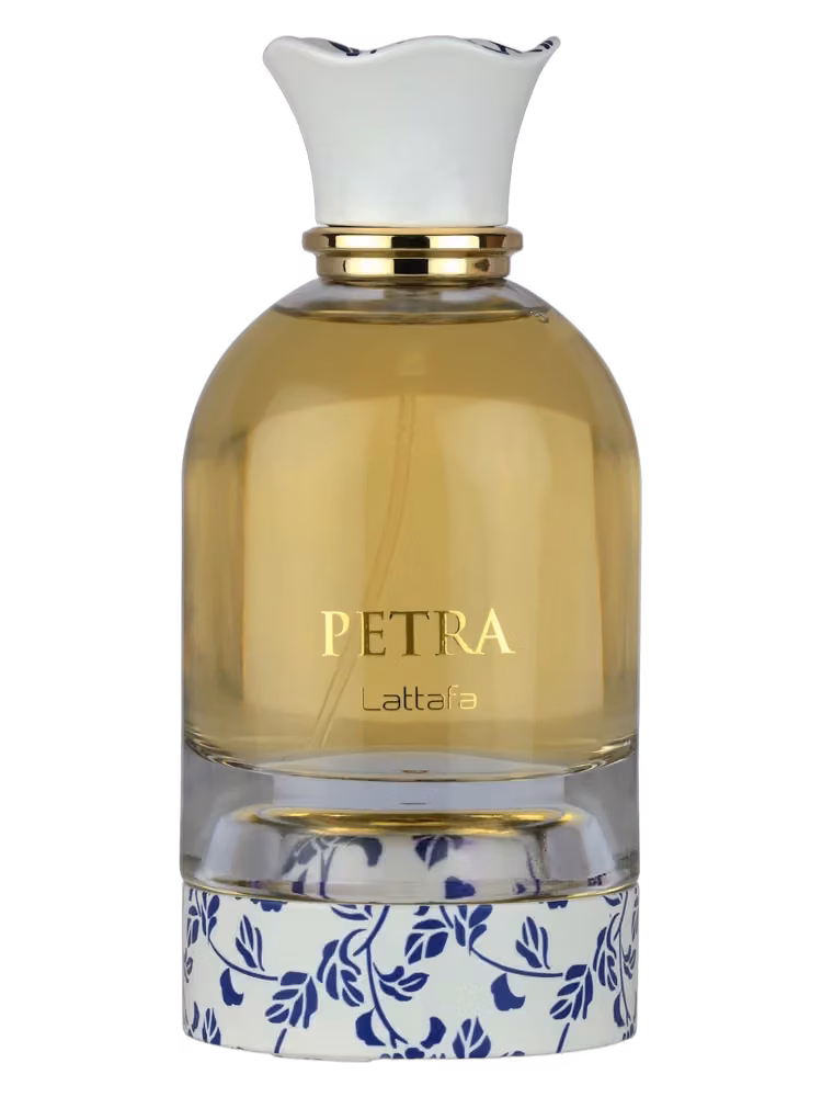 Lattafa Petra Eau de Parfum, frasco y caja