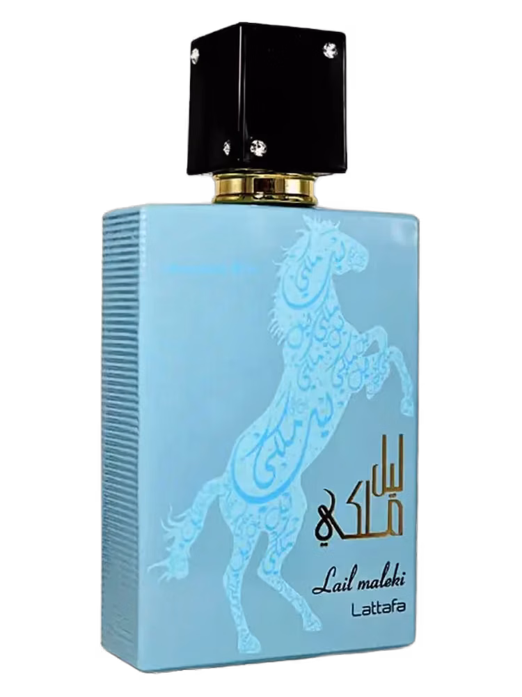 Lattafa Lail Maleki Moroccan Blue Eau de Parfum, frasco y caja