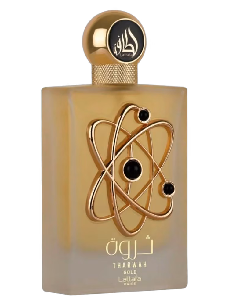 Lattafa Tharwah Gold Eau de Parfum, frasco y caja
