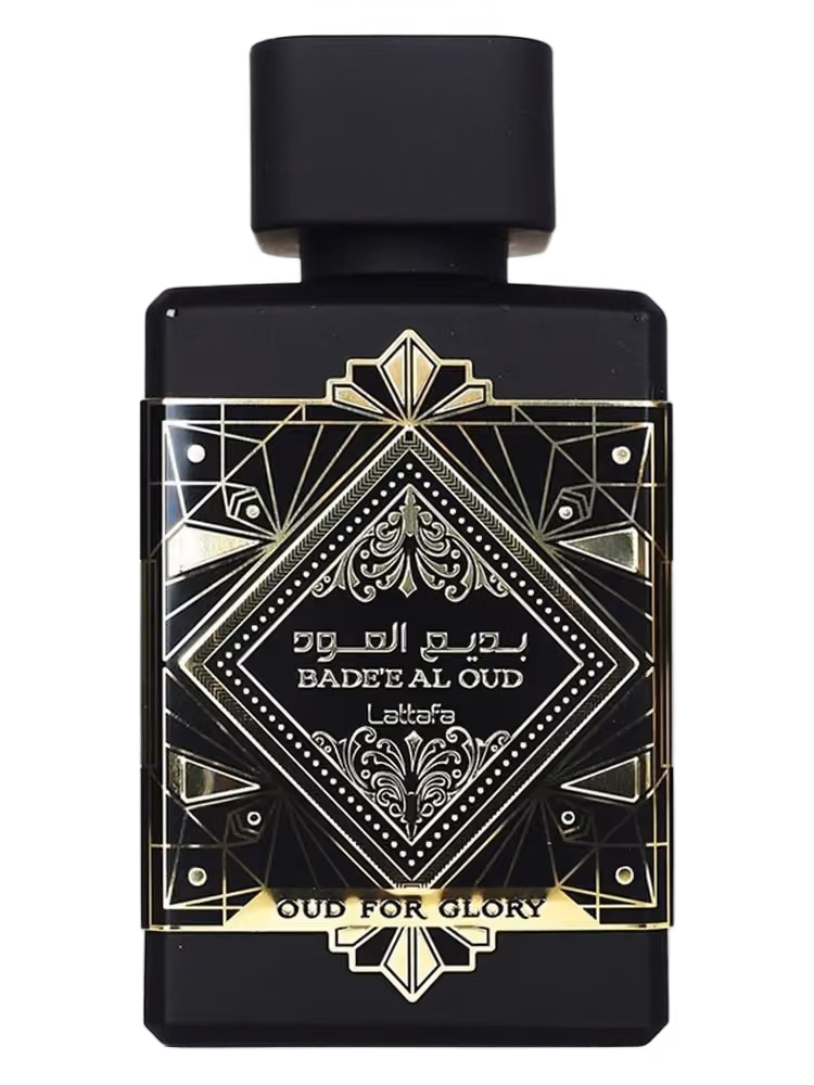 Lattafa Bade'e Al Oud Oud for Glory Eau de Parfum, frasco y caja