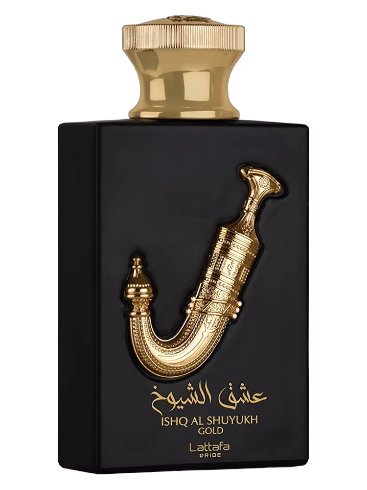 Lattafa Ishq Al Shuyukh Gold Eau de Parfum, frasco y caja